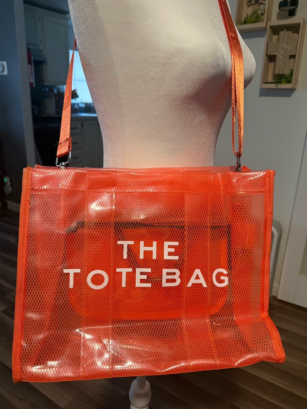 Bright Orange Transparent Mesh Tote Bag with 'THE TOTE BAG' Print